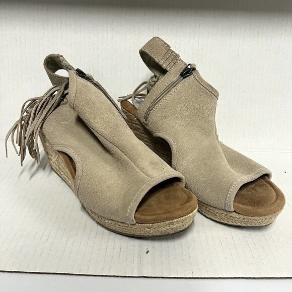 Minnetonka Blaire Fringe Suede Leather Open-Toe Wedge Espadrilles Stone Size 9 - Picture 2 of 9